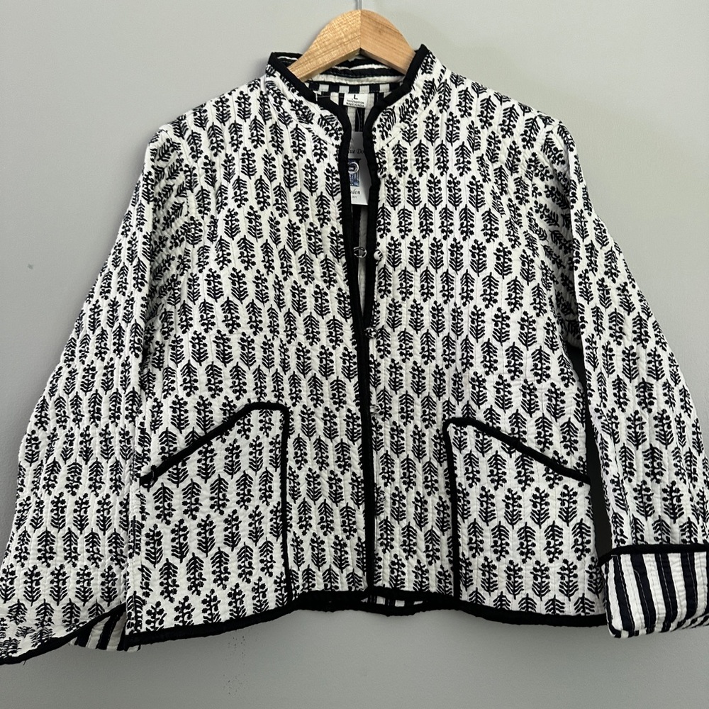 Black and White Utility Blockprinted reversible cotton Jacket